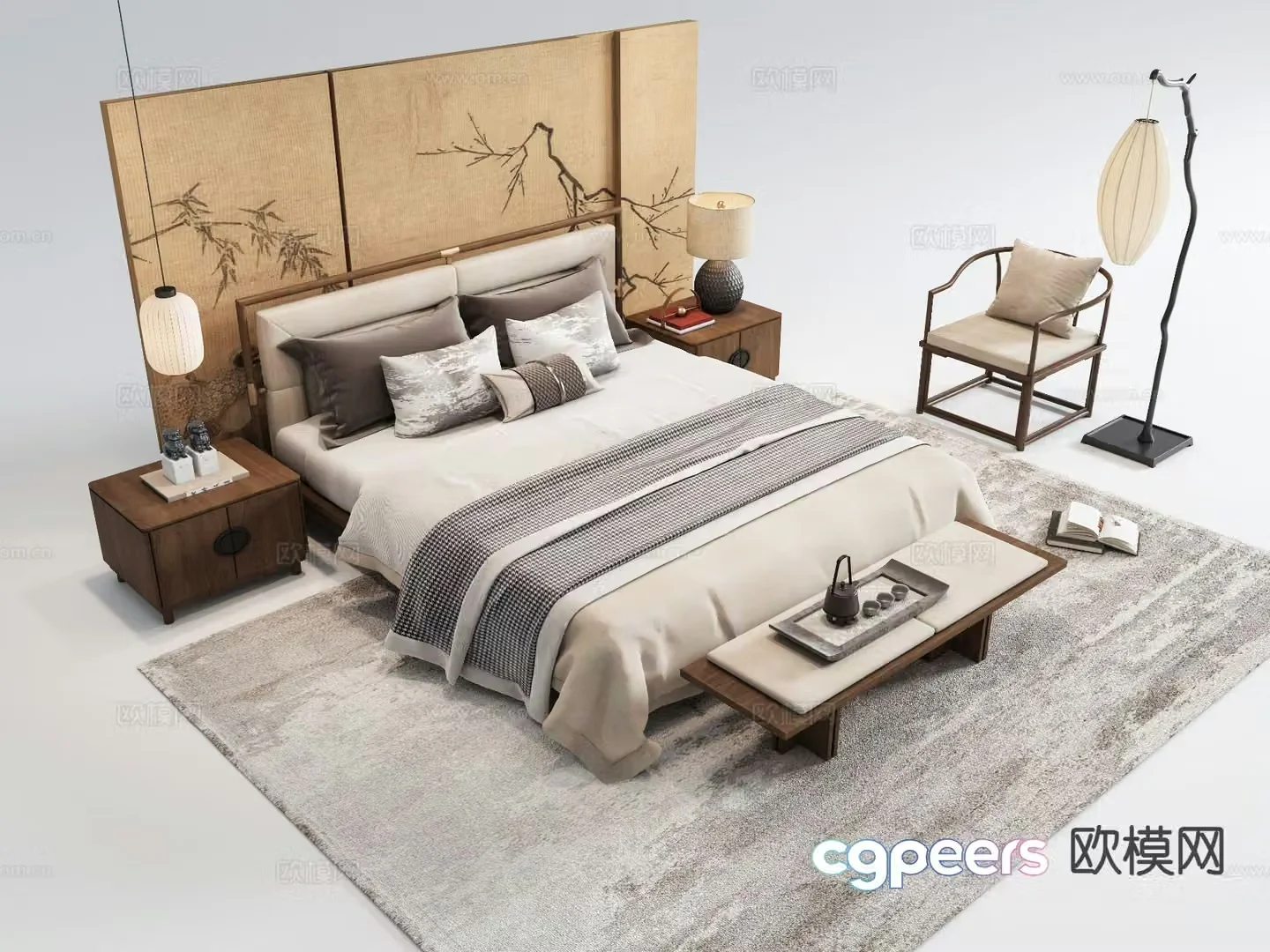 New Chinese style double bed 3d model