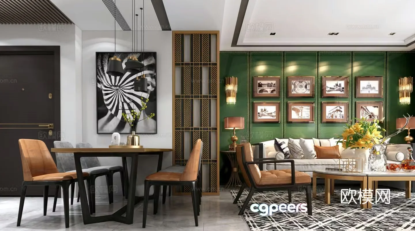 Light luxury living and dining room decorative painting sofa coffee table chandelier 3d model