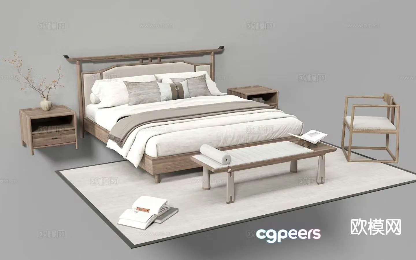 New Chinese style double bed 3d model