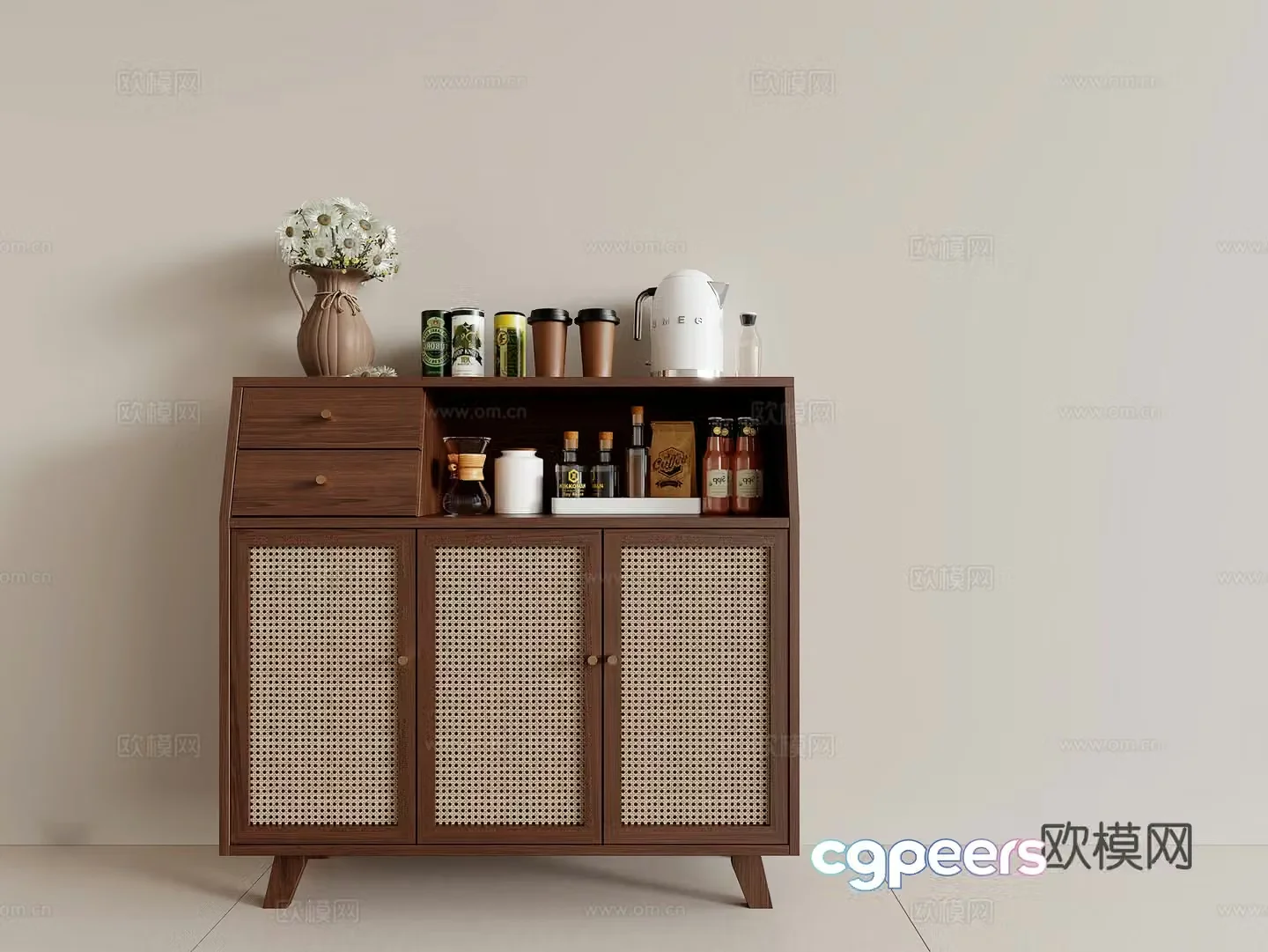 Modern medieval style sideboard wine cabinet dining sideboard finished sideboard rattan woven low cabinet tea cabinet 3D model