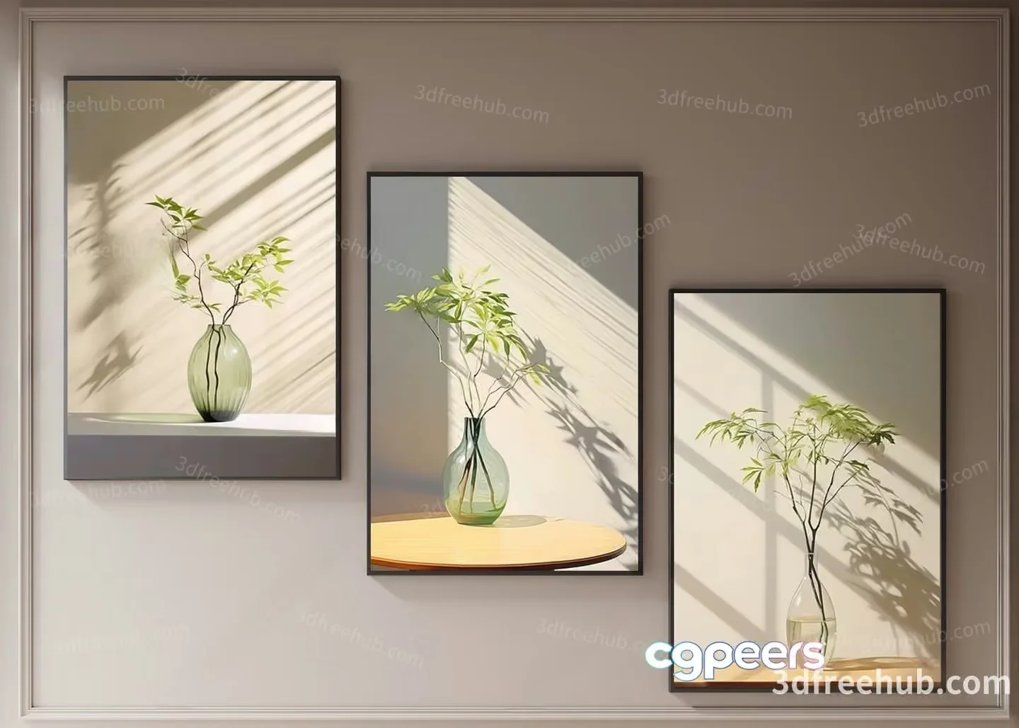 A Collection Of Three Framed Pictures Each Featuring A Vase With Plants 3D Model – 3502 – VRAY Render