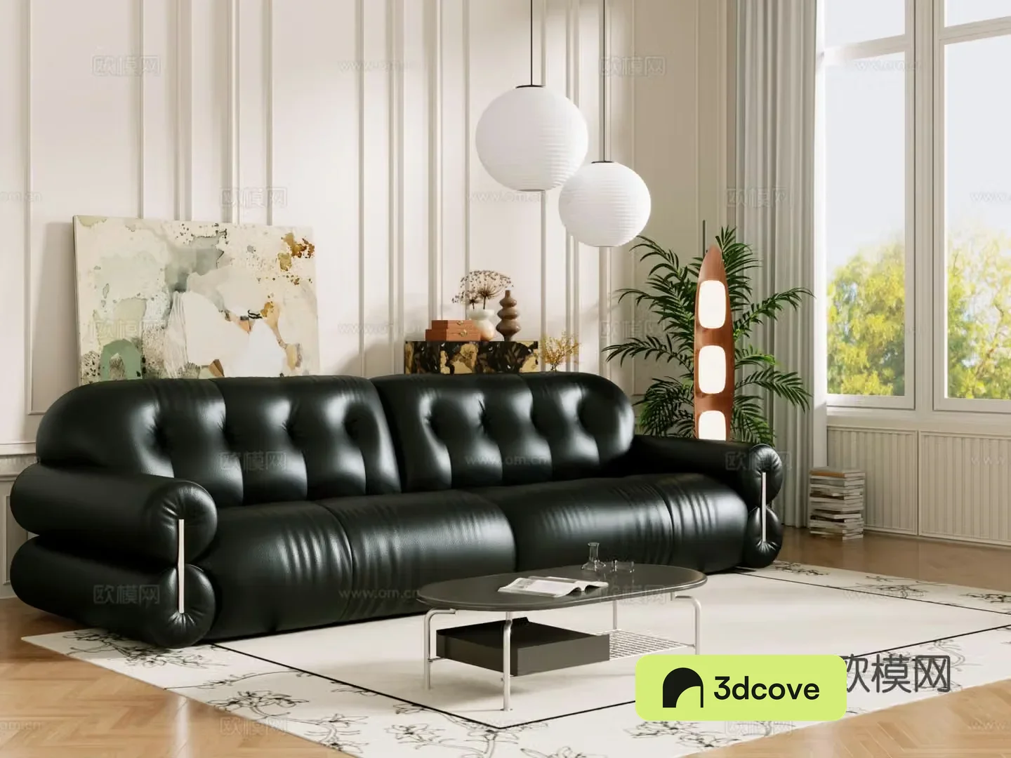 Middle-aged sofa combination coffee table carpet multi-person sofa 3D model