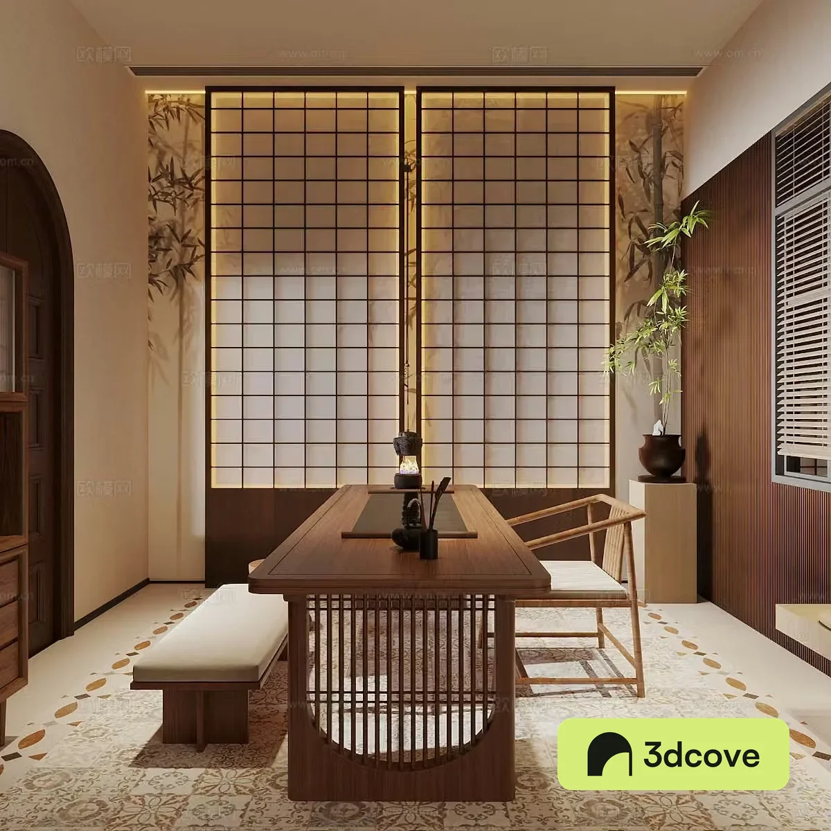 Middle-aged tea room tea tasting area Japanese tea room tatami tea room tatami tea table chair teapot 3D model