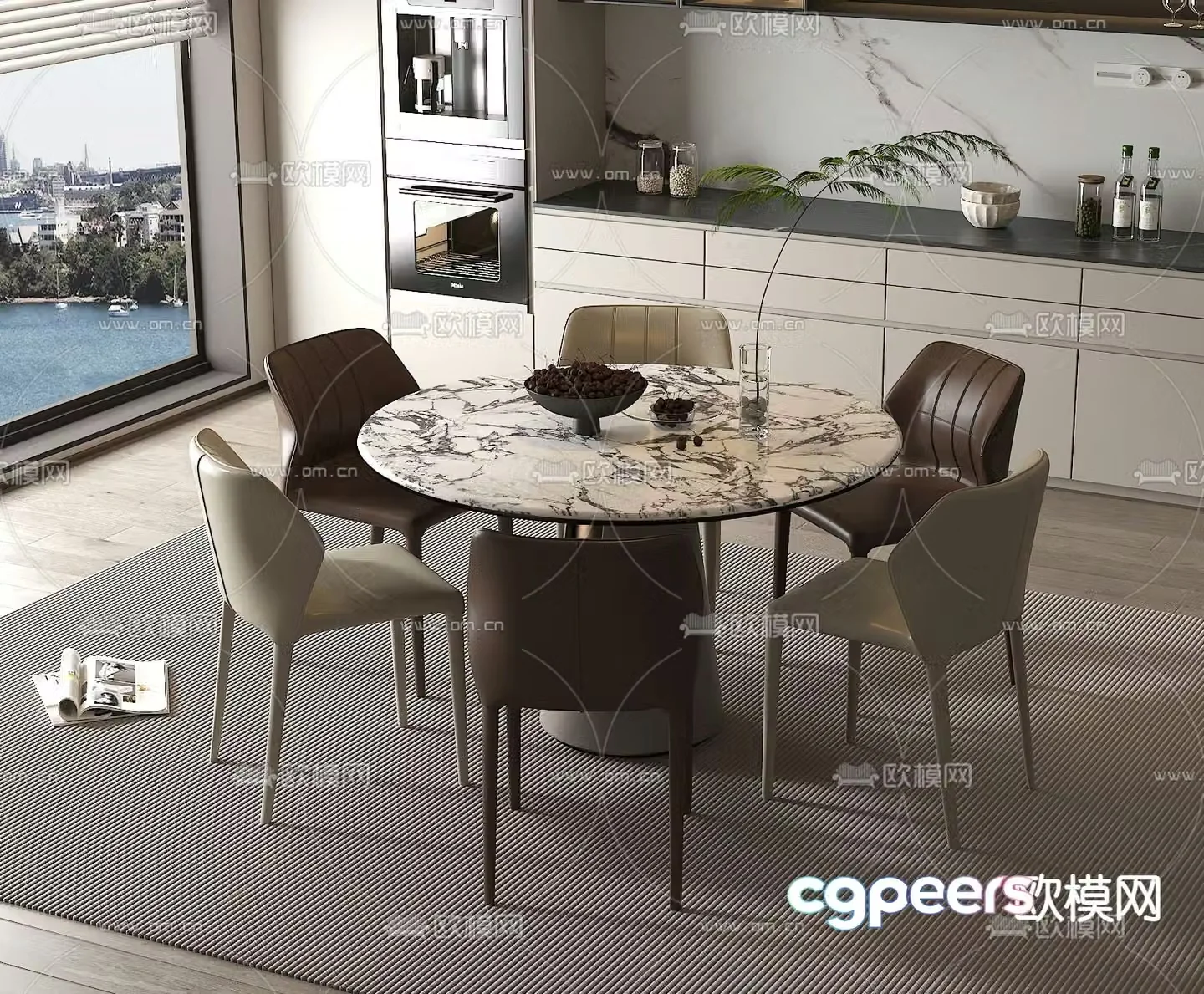 Round dining table and chairs 3d model