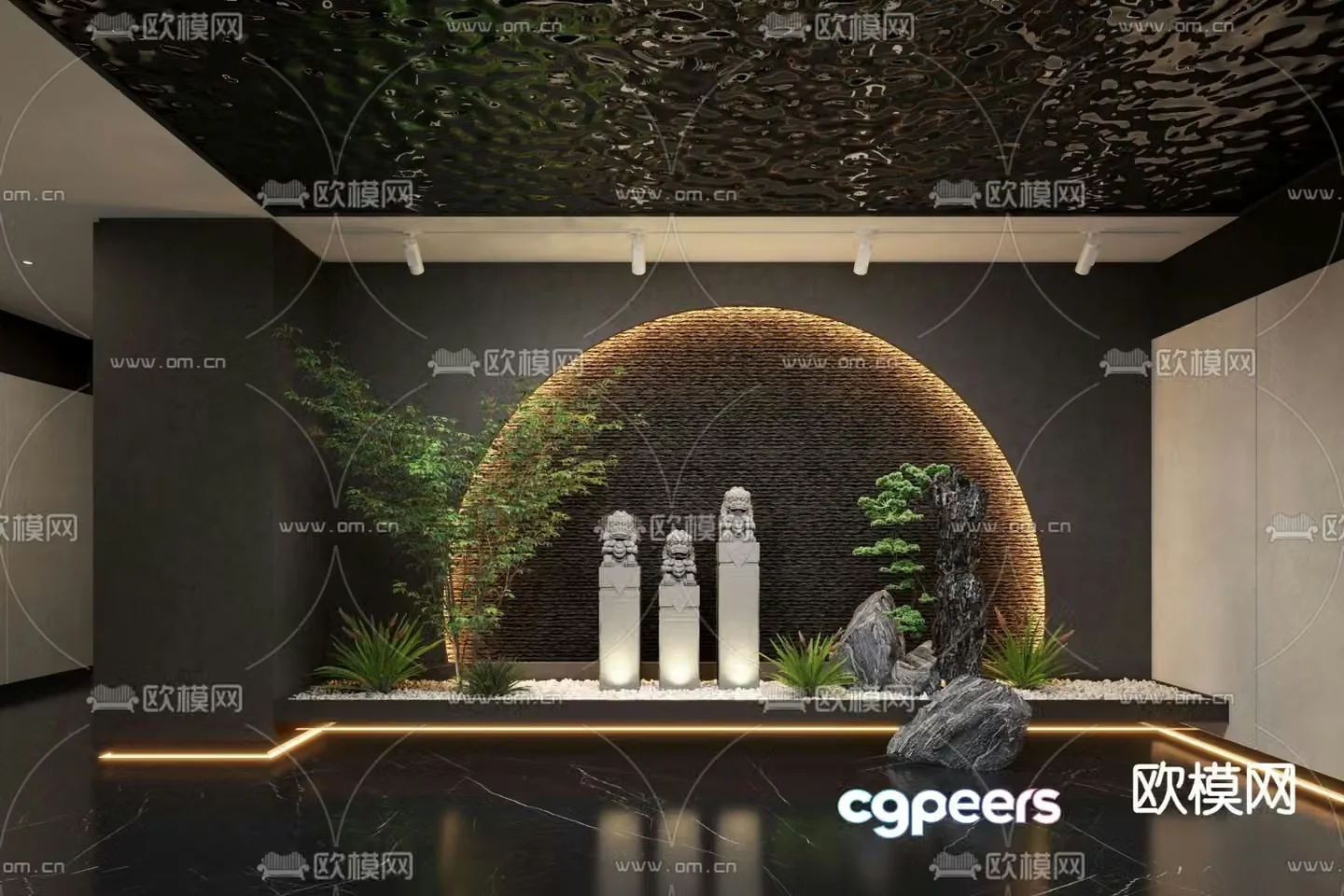 Landscape sketch stone lion sculpture green plants landscape stone 3D model