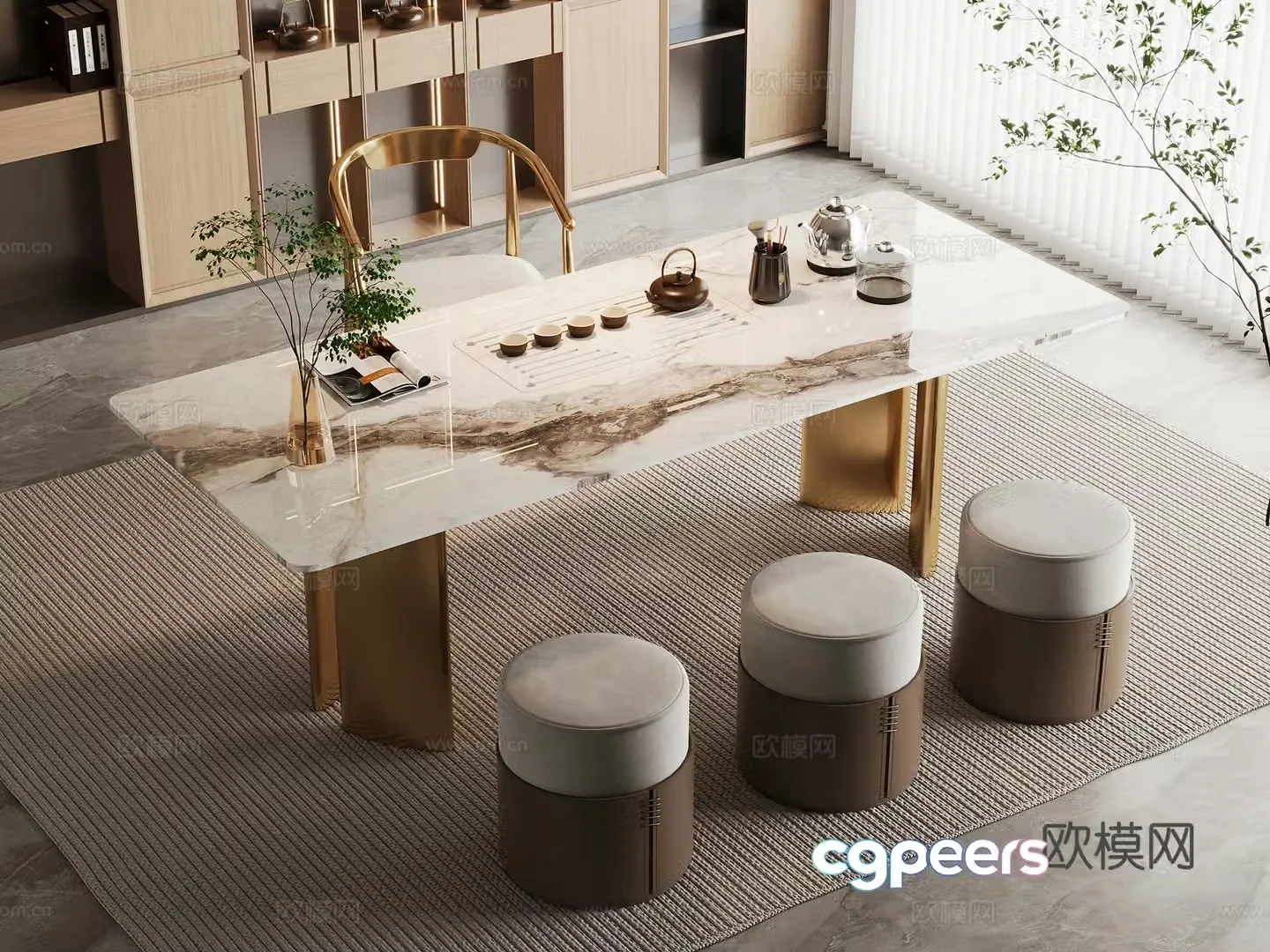 Modern tea table and chairs light luxury marble tea table and chair combination rock tea table and tea table sofa stool 3D model