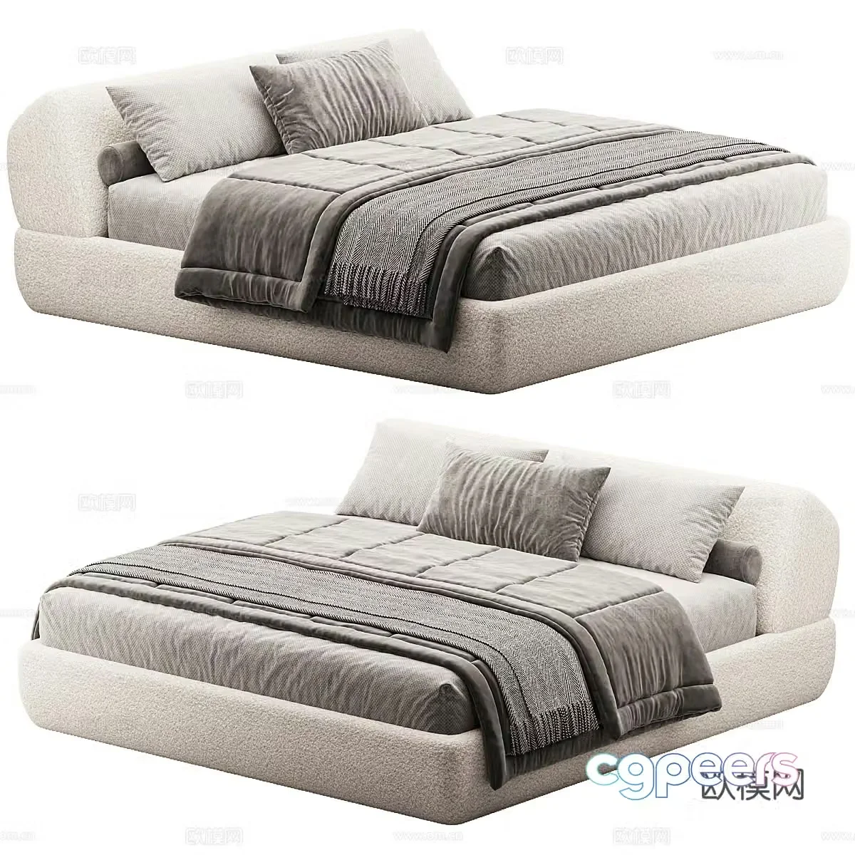 Modern cream style fabric double bed 3d model