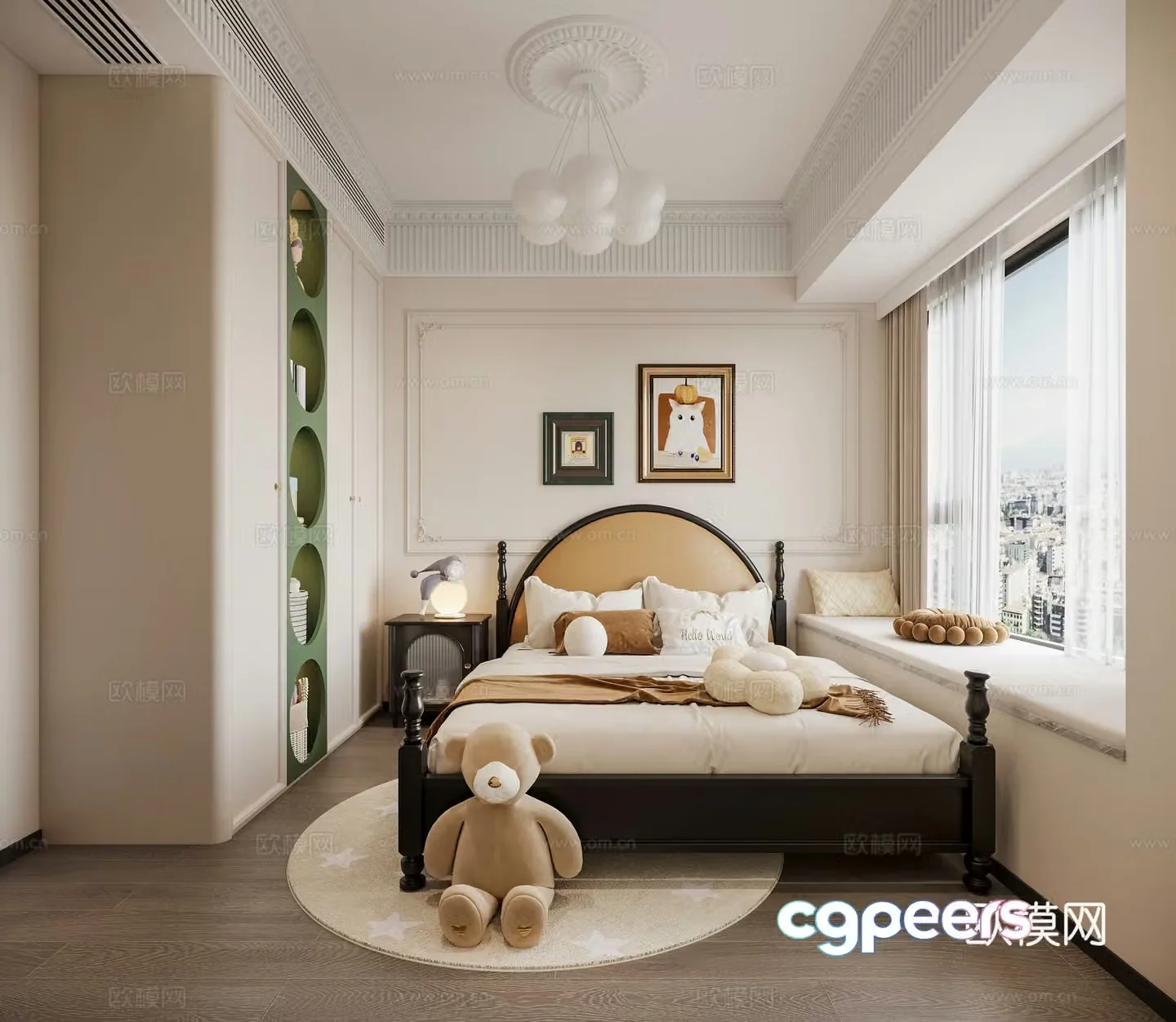 French medieval style bedroom medieval style children’s room bedroom double bed hanging painting chandeliers bay window 3d model