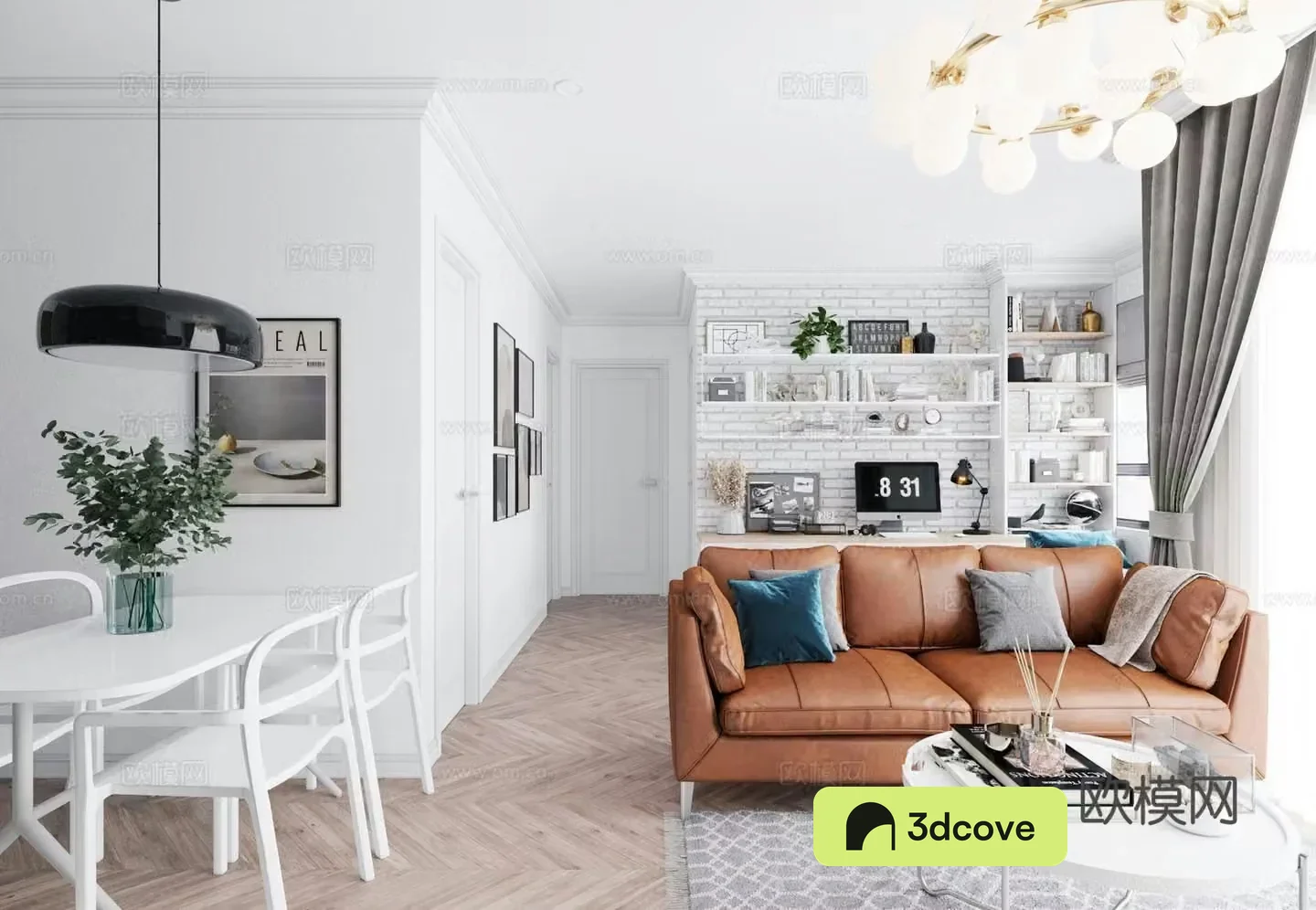 Nordic living dining open kitchen Nordic bedroom simple living dining leather double sofa