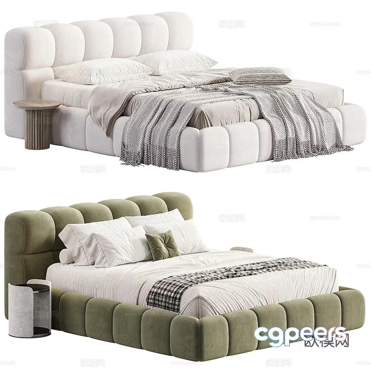 Modern cream style fabric double bed 3d model