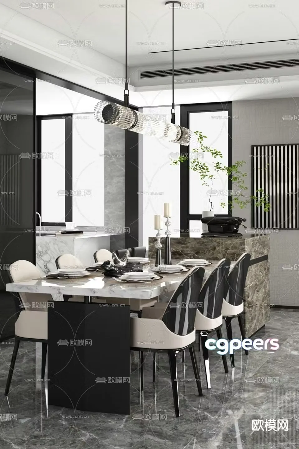 Yuanhe Daqian modern high-end gray restaurant 3D model