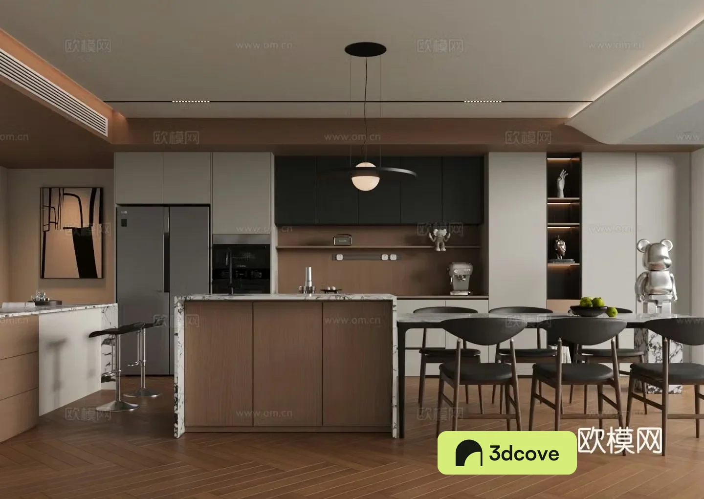 Middle-aged home restaurant island restaurant dining table and chair combination 3D model