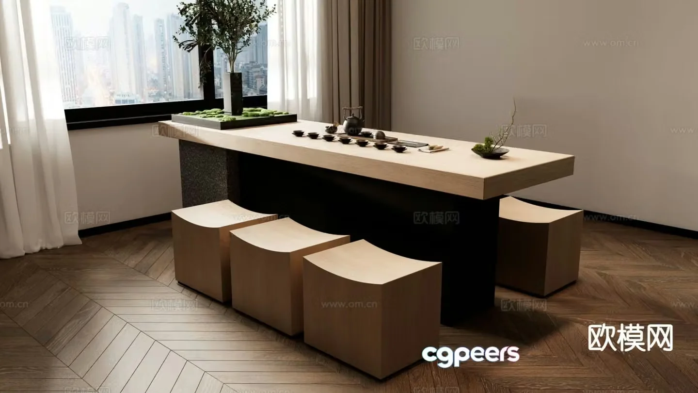 New Chinese style tea table and chairs wooden table 3d model