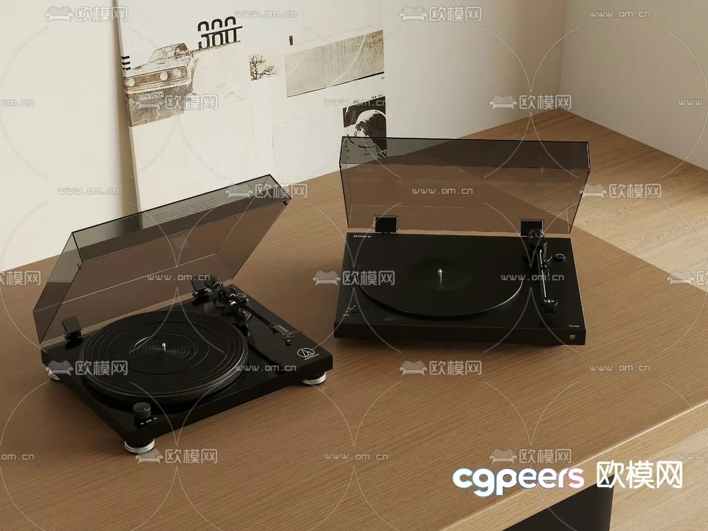 Two Record Players On A Wooden Table 3D Model – 2713 – VRAY Render