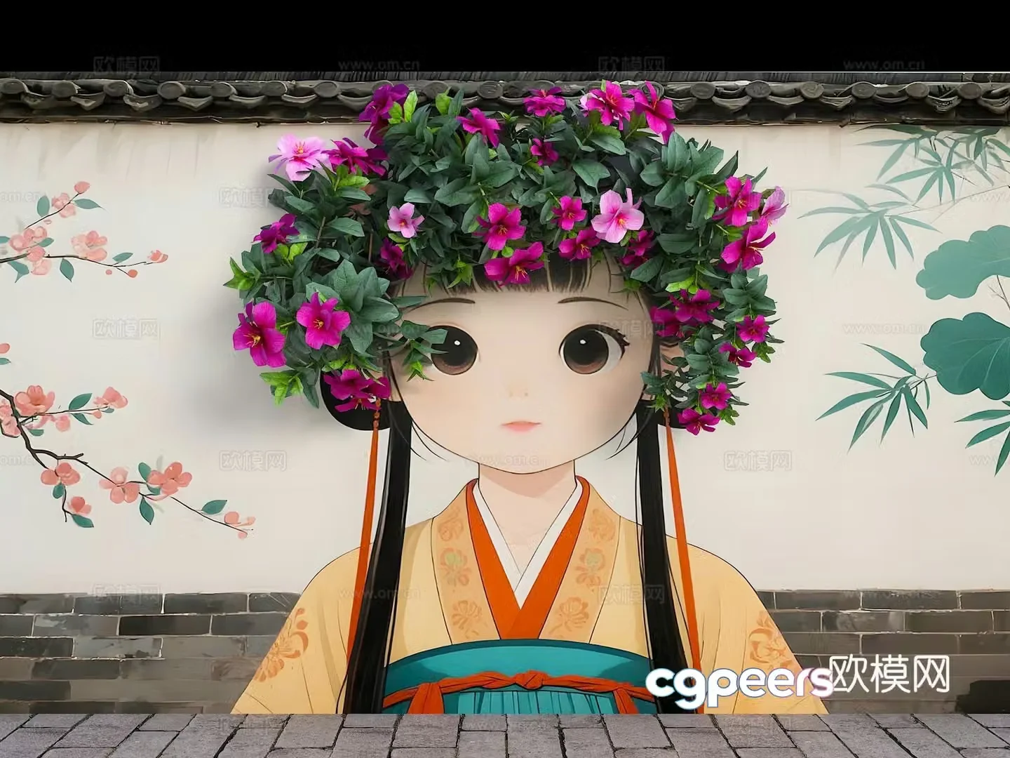 Flower wall fence cartoon wall flower girl hair modern beauty wall wall painting 3d model