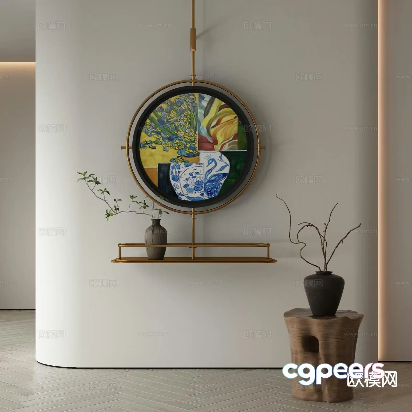 Modern decorative painting metal pole hanging painting 3d model