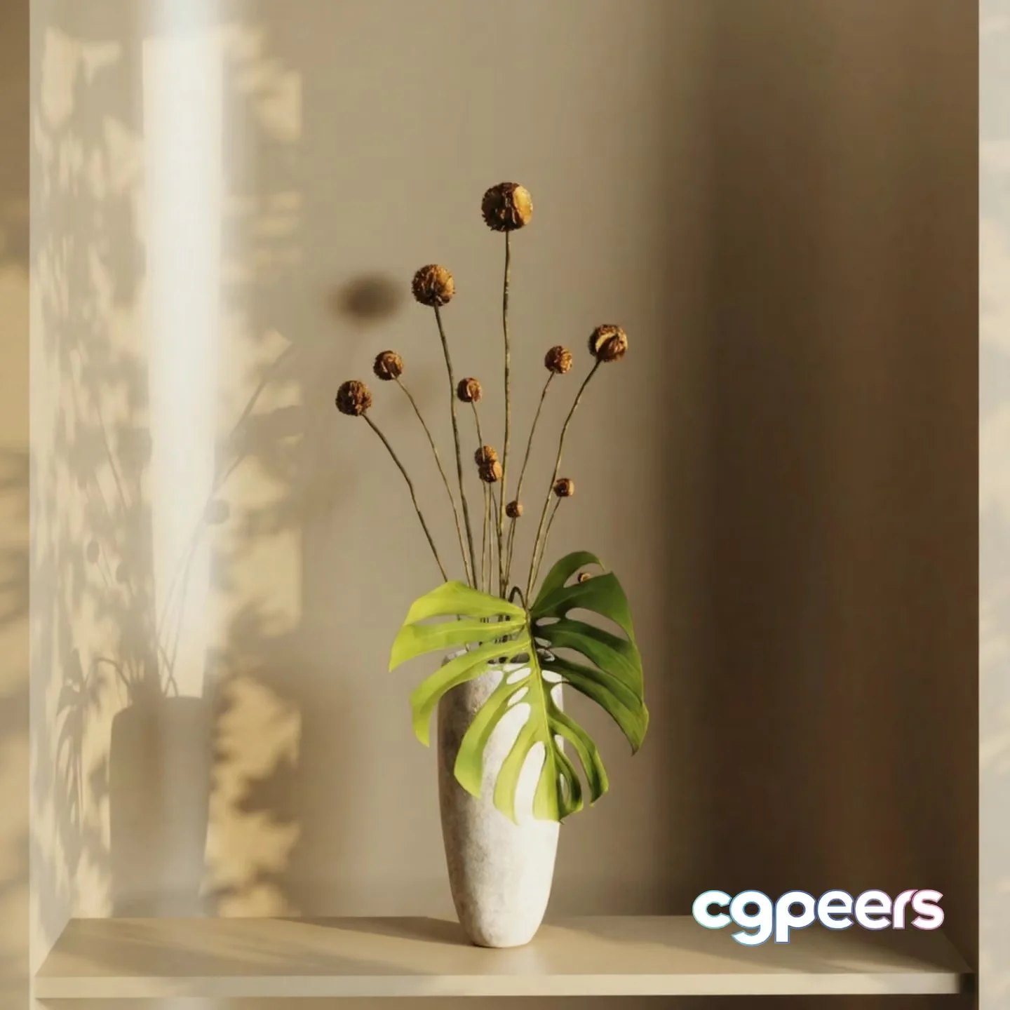 A White Vase With A Green Leaf And Dried Flowers 3D Model – 3677 – VRAY Render