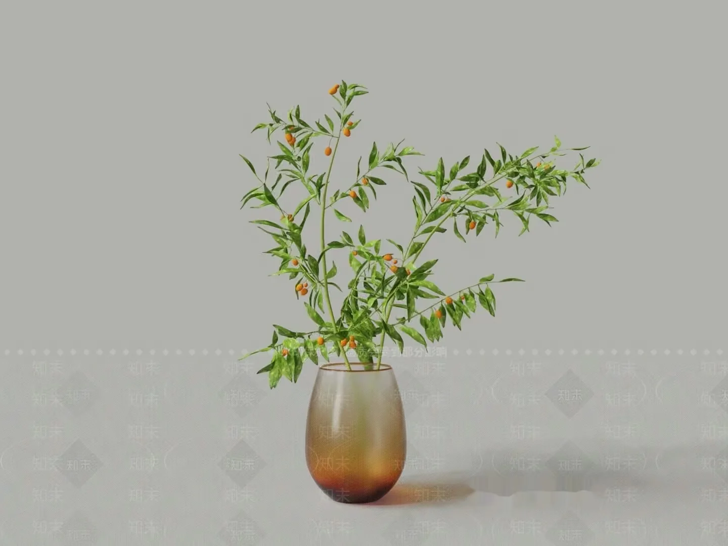 A Glass Vase With Green And Orange Plant Stems 3D Model – 1970 – VRAY Render