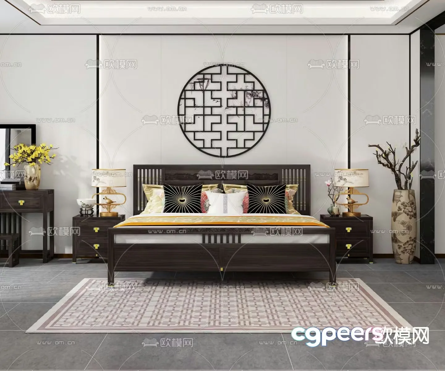 Chinese double bed solid wood bed 3d model