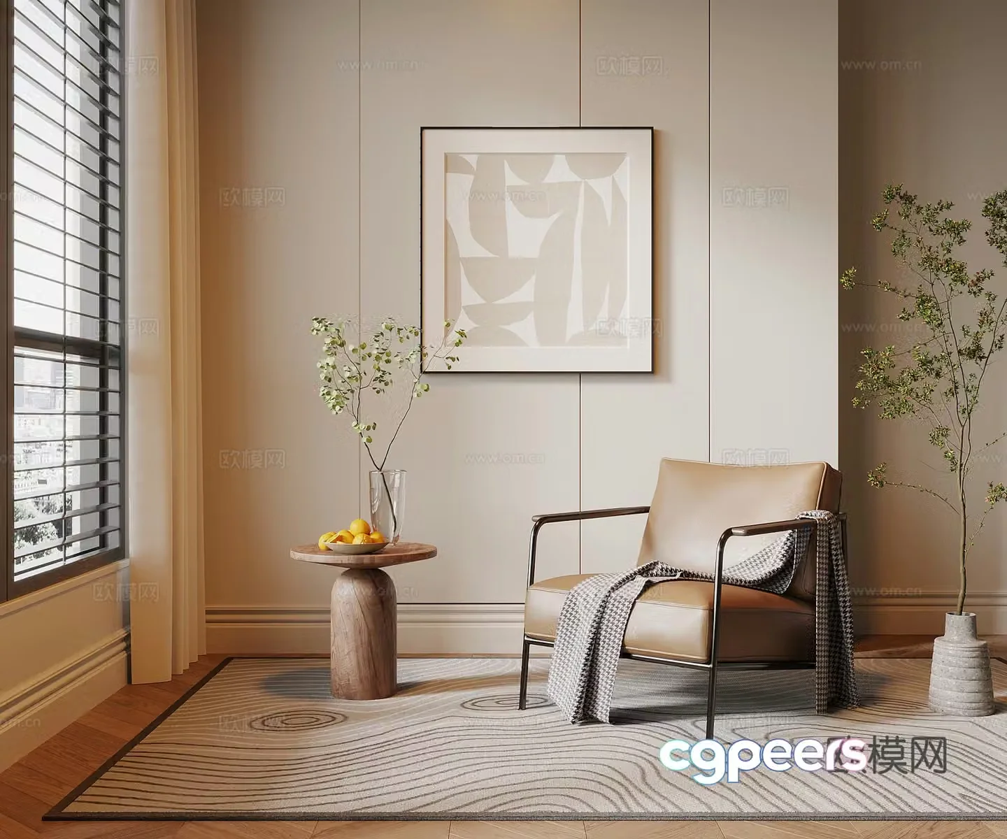 Leisure chair modern leisure chair side table green plant potted 3D model