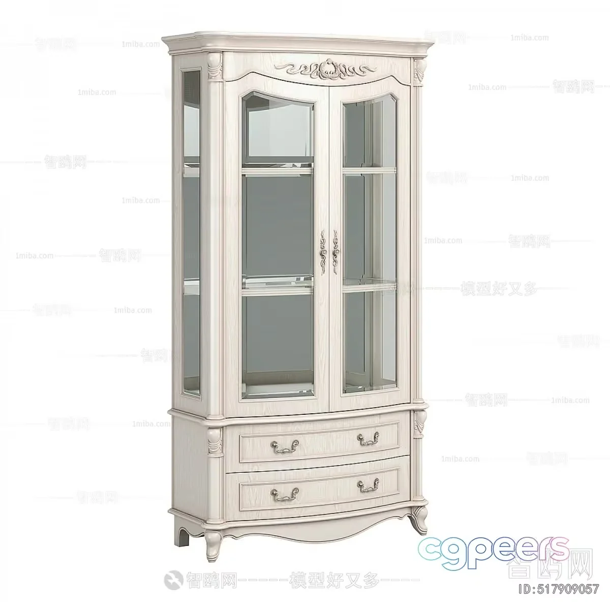 A White Cabinet With Drawers And Glass Doors 3D Model – 6072 – VRAY Render