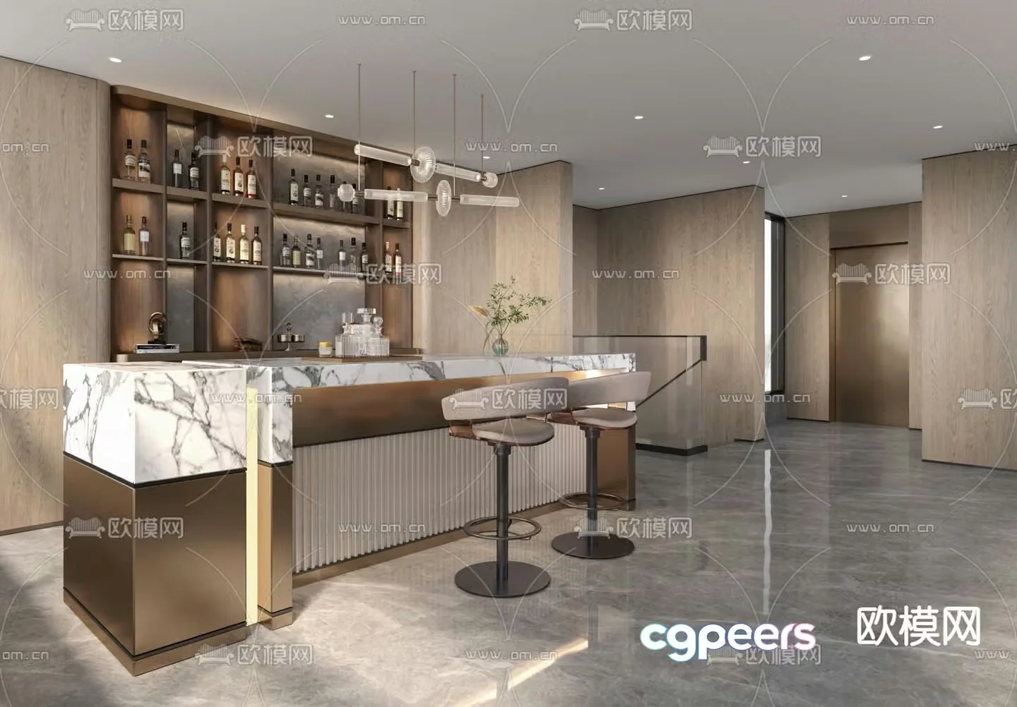 Light luxury bar island table bar chair 3D model