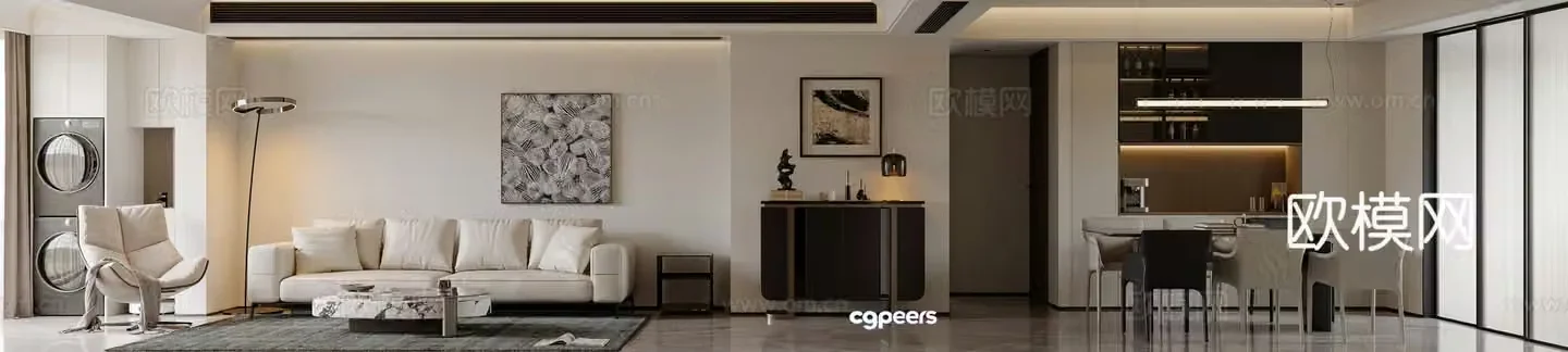 Modern light luxury living and dining room 3D model