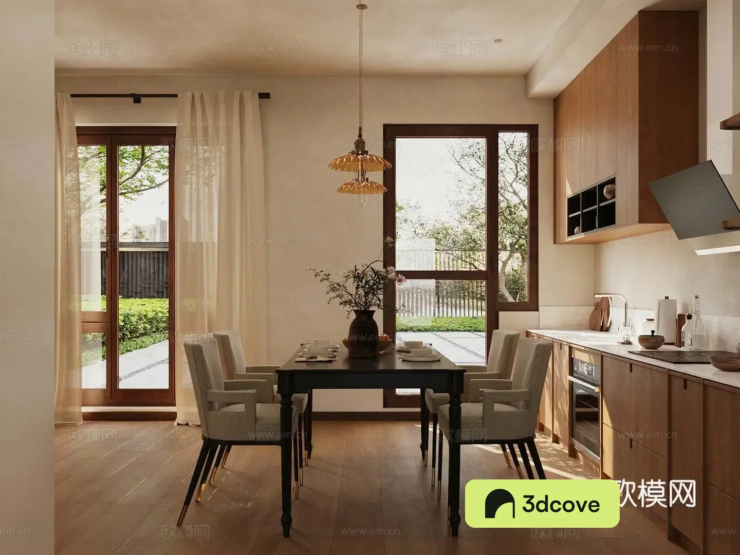 Middle style home restaurant Open restaurant Log style home restaurant Kitchen restaurant Dining table and chair 3D model