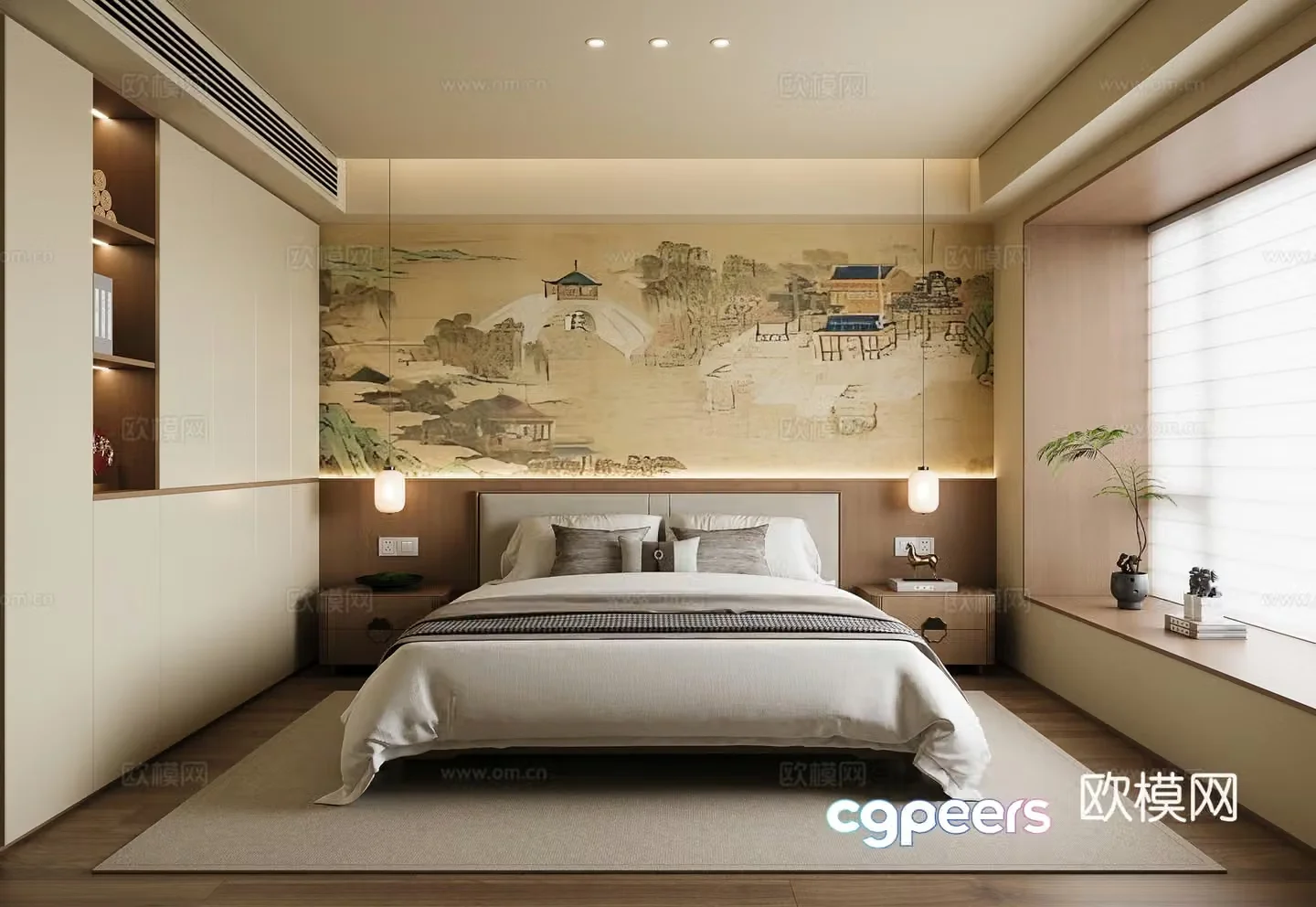 New Chinese style Song style bedroom New Chinese style bedroom without lights Song style double bed Song style vase 3D model
