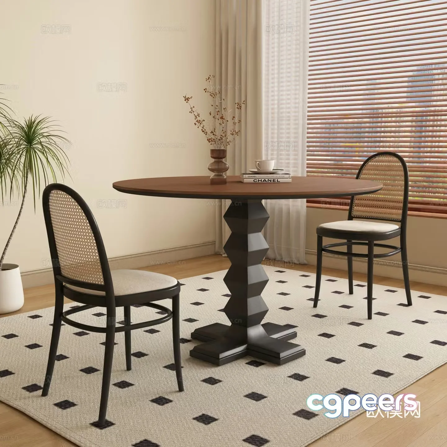 Medium style round dining table and chair 3D model