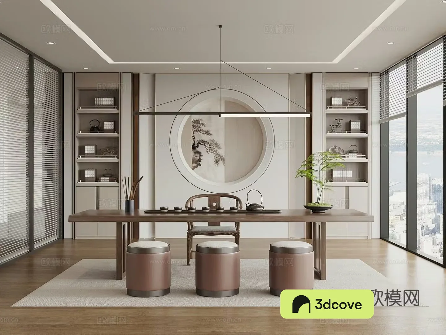 New Chinese style tea room tea table and chair tea room cabinet office tea room bookcase office chandeliers