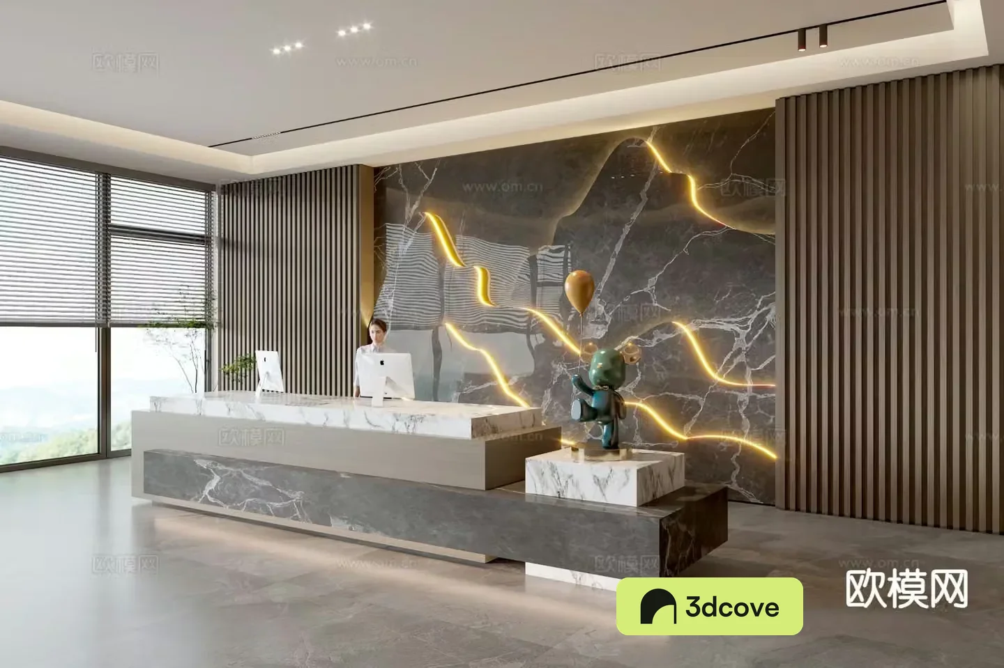Modern company front desk reception desk corporate wall