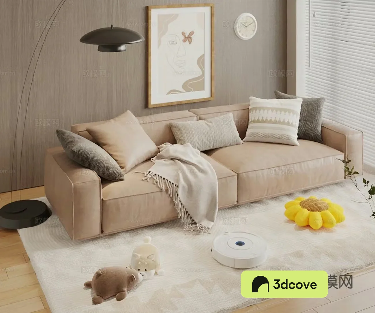 Modern retro double sofa leather sofa casual sofa pillow sweeping robot
