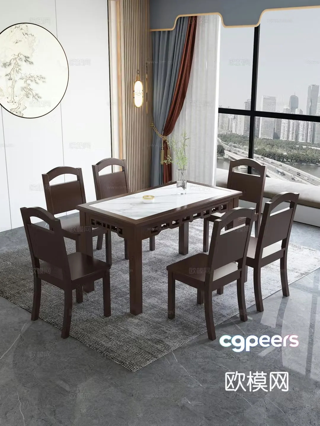 New Chinese dining table and chair combination single chair long dining table plant ornaments six people 3D model