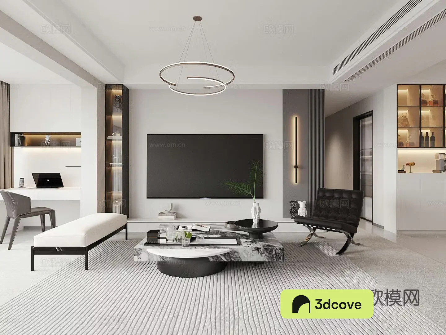 Modern home living room TV background wall Full row of TV background wall Black and white gray living room Sofa chair