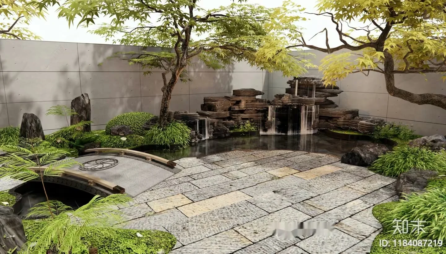 Japanese-Style Garden With Stone Path Pond And Bridge 3D Model – 12969 – VRAY Render