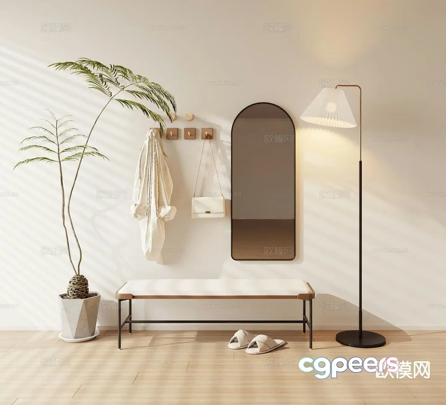 Entrance shoe changing stool full-length mirror clothes rail floor lamp 3D model