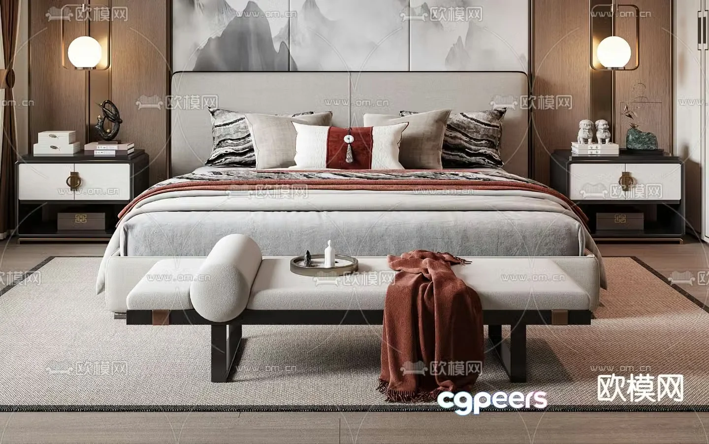 New Chinese style double bed 3d model