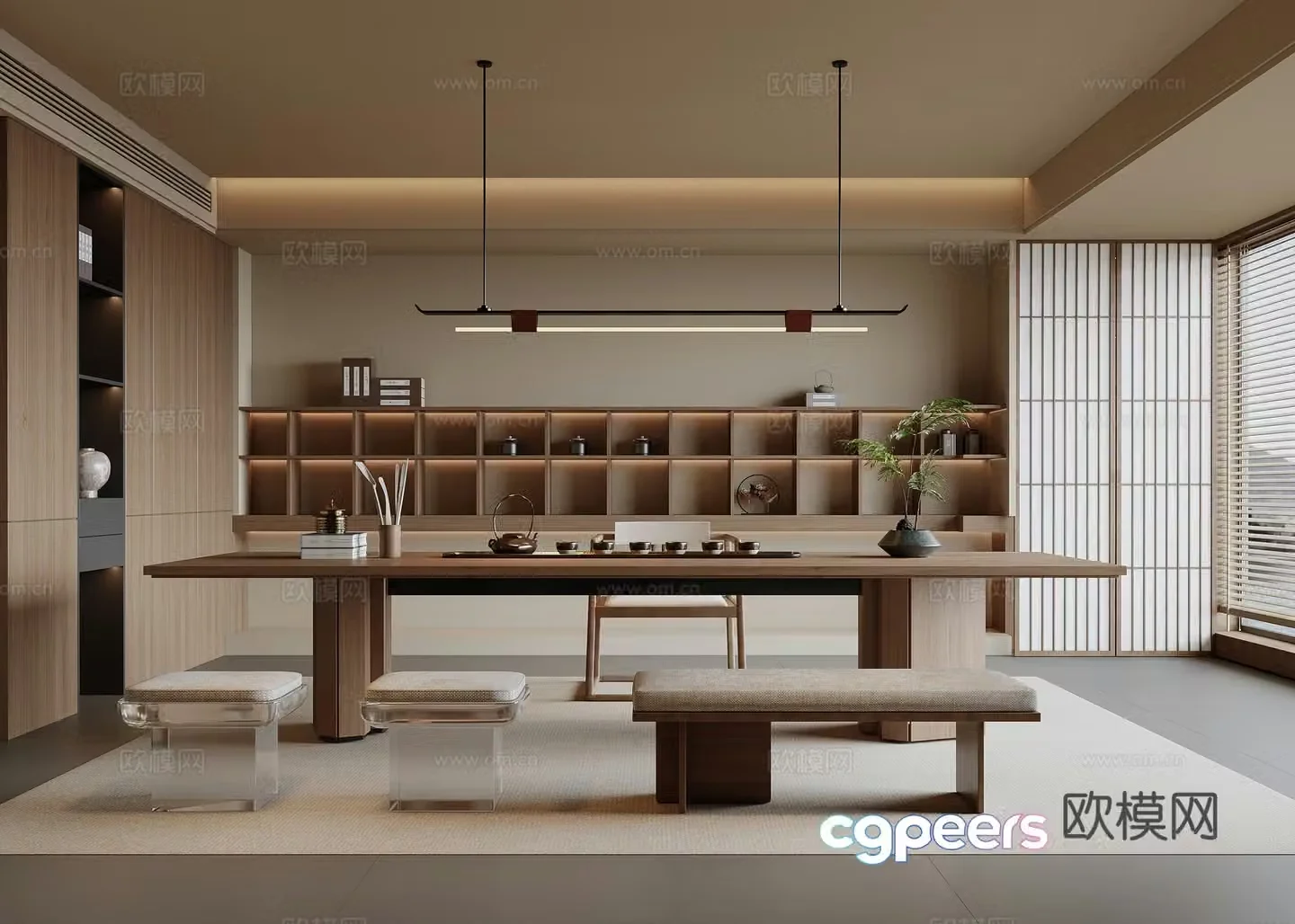 New Chinese-style tea room Song-style tea room Tea table and chair Tea cabinet Chandelier 3D model