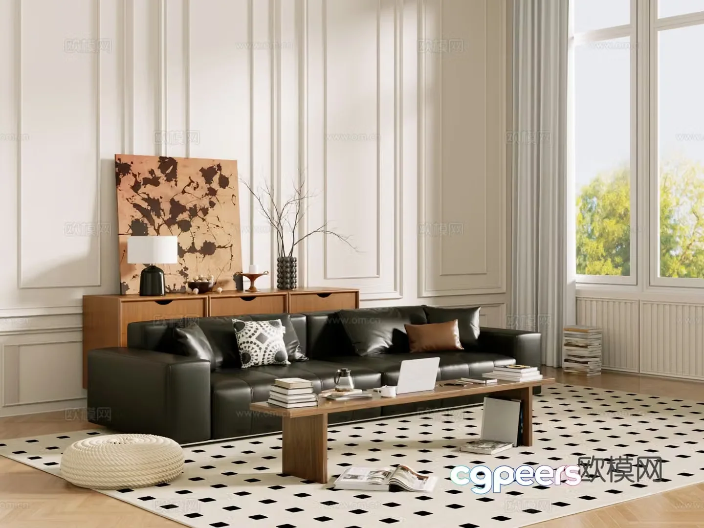 Middle-aged sofa combination coffee table carpet multi-person sofa 3D model