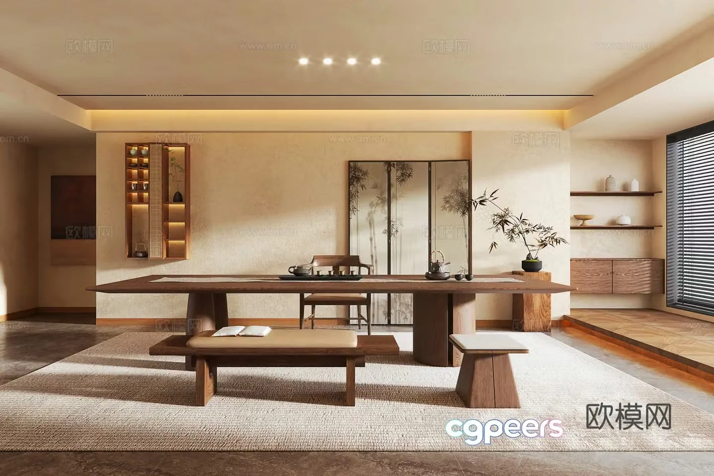 Modern medieval style tea room tea table chair stool tea set ornaments tea room wall cabinet screen 3d model