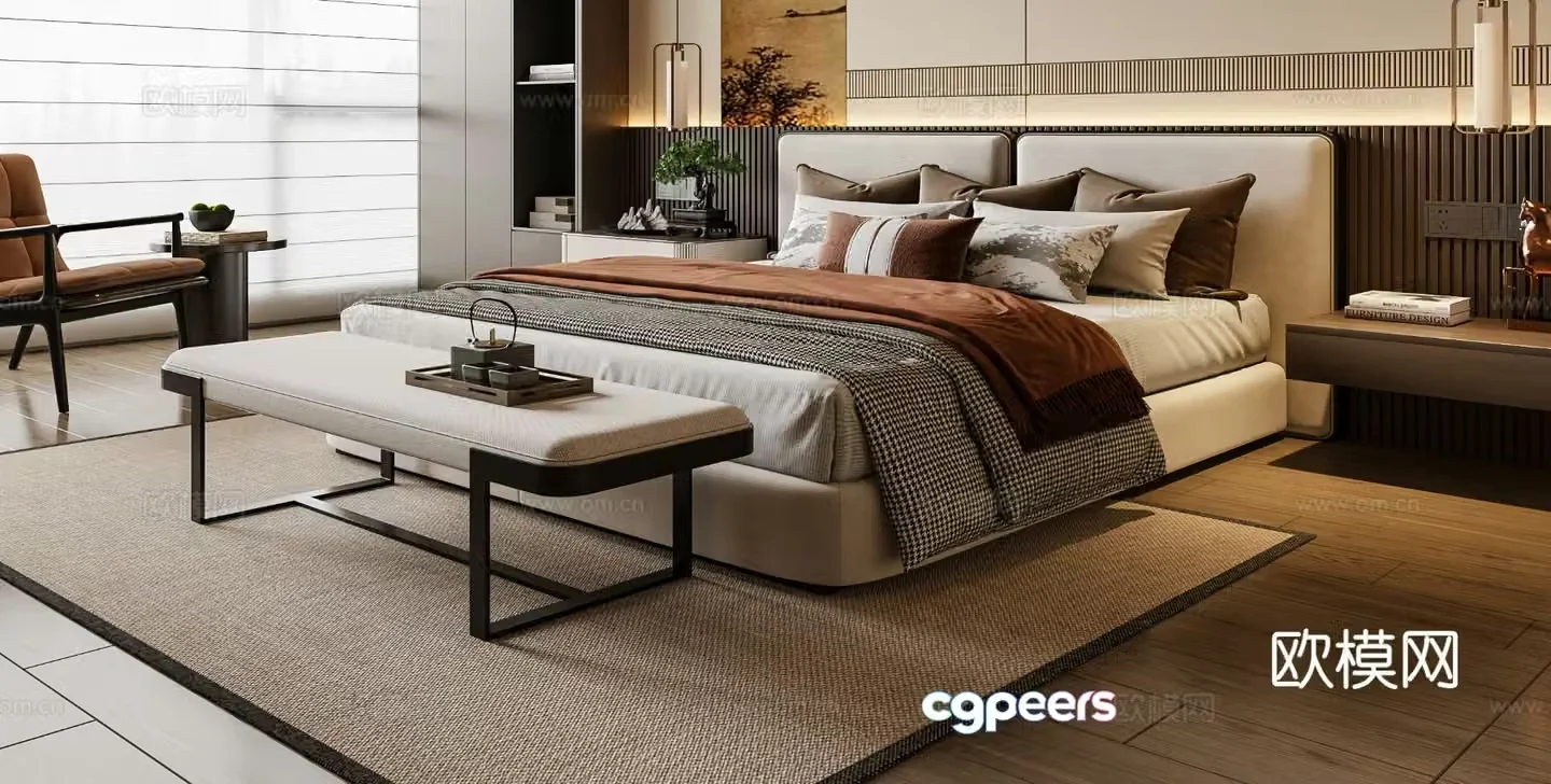 New Chinese style double bed 3d model