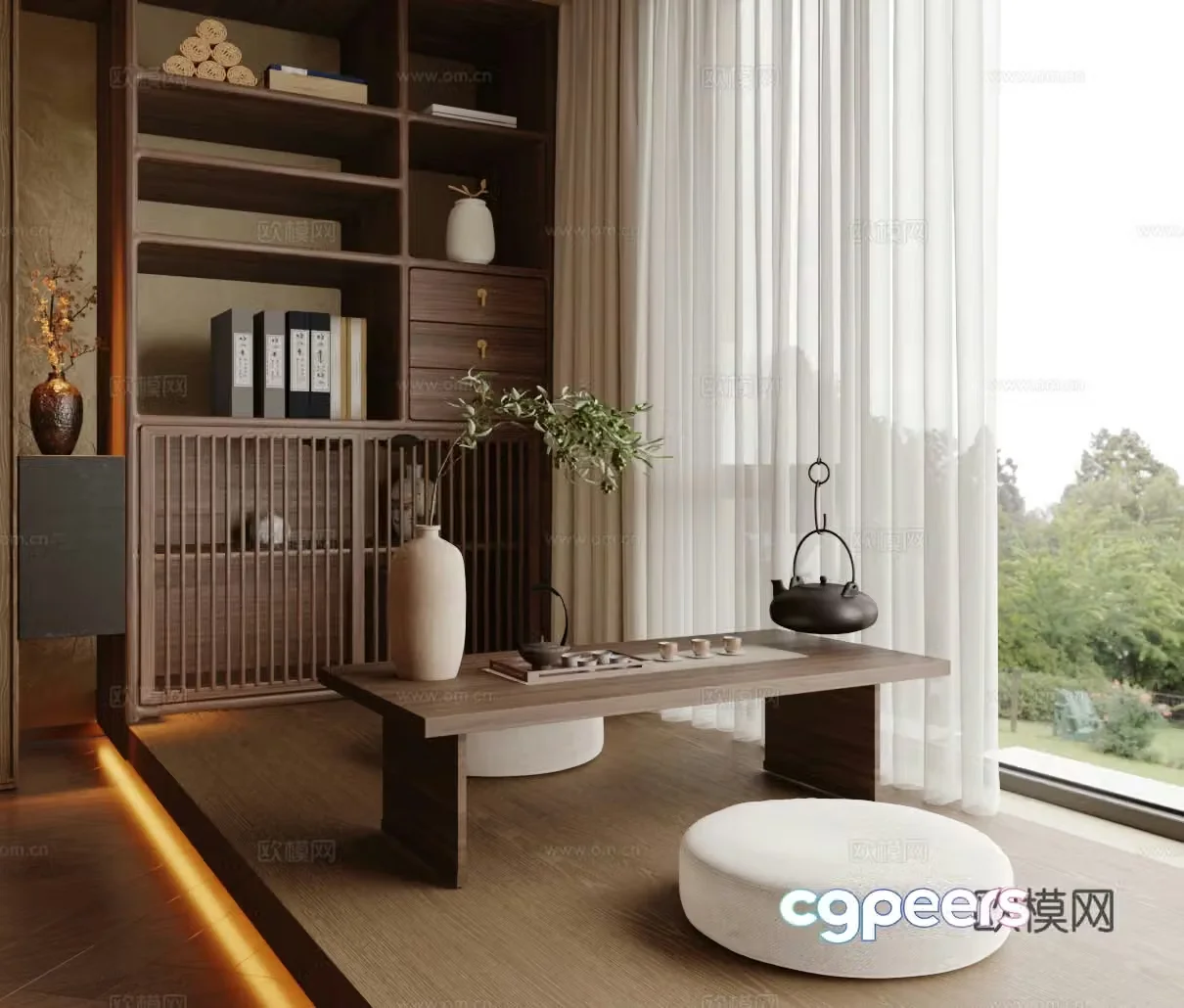 New Chinese-style Zen tea room Tatami tea room Balcony tea room Tatami tea table and chair Tea tatami tea area 3D model