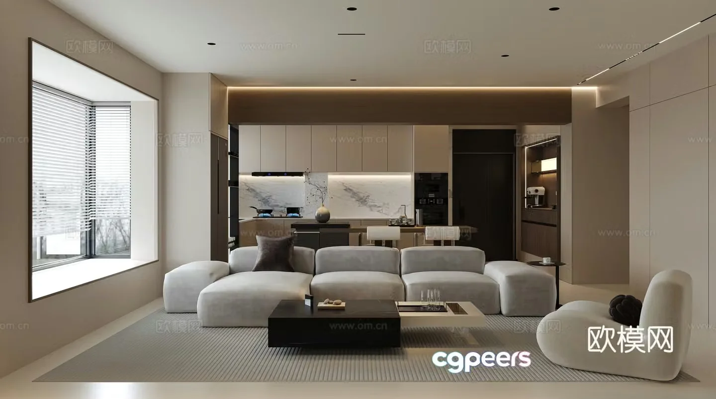 Modern retro living and dining room 3d model