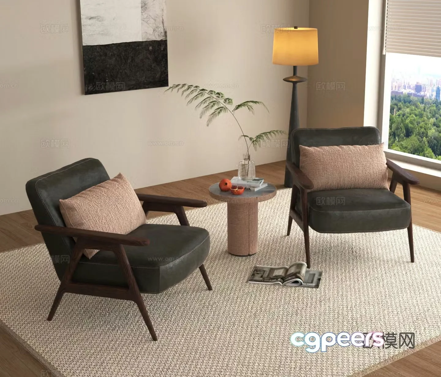 Leisure chair sofa chair round table flower table floor lamp 3d model