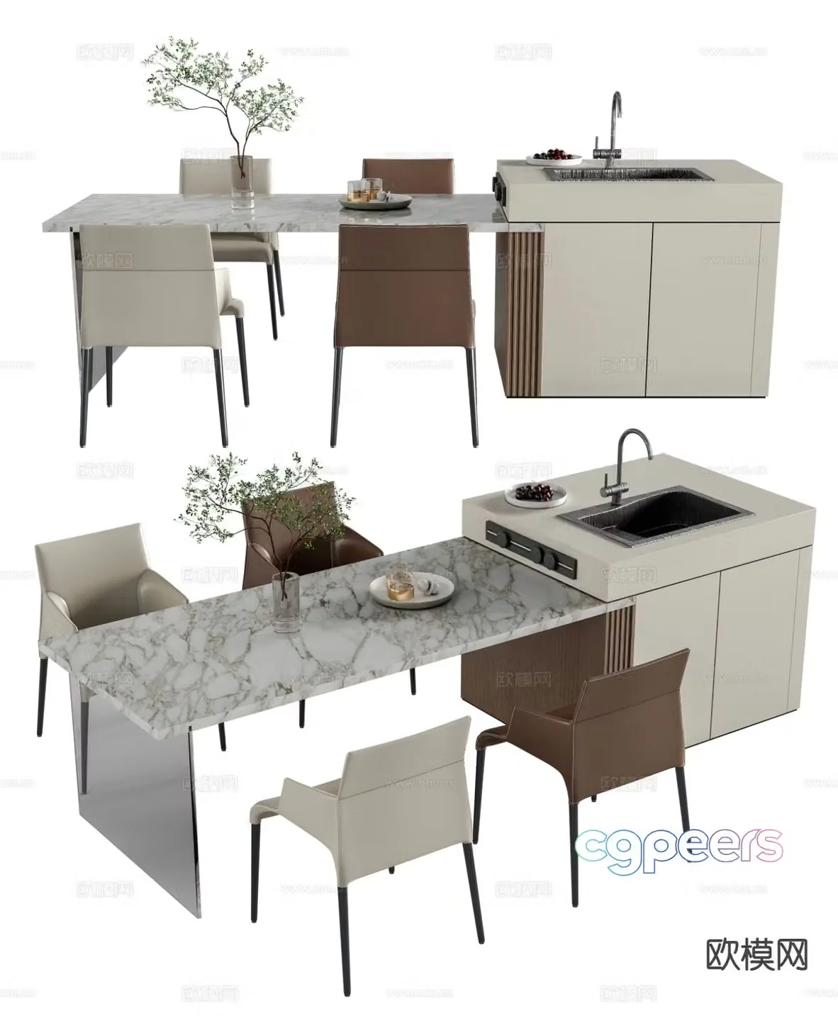 Modern island dining table and chairs 3d model