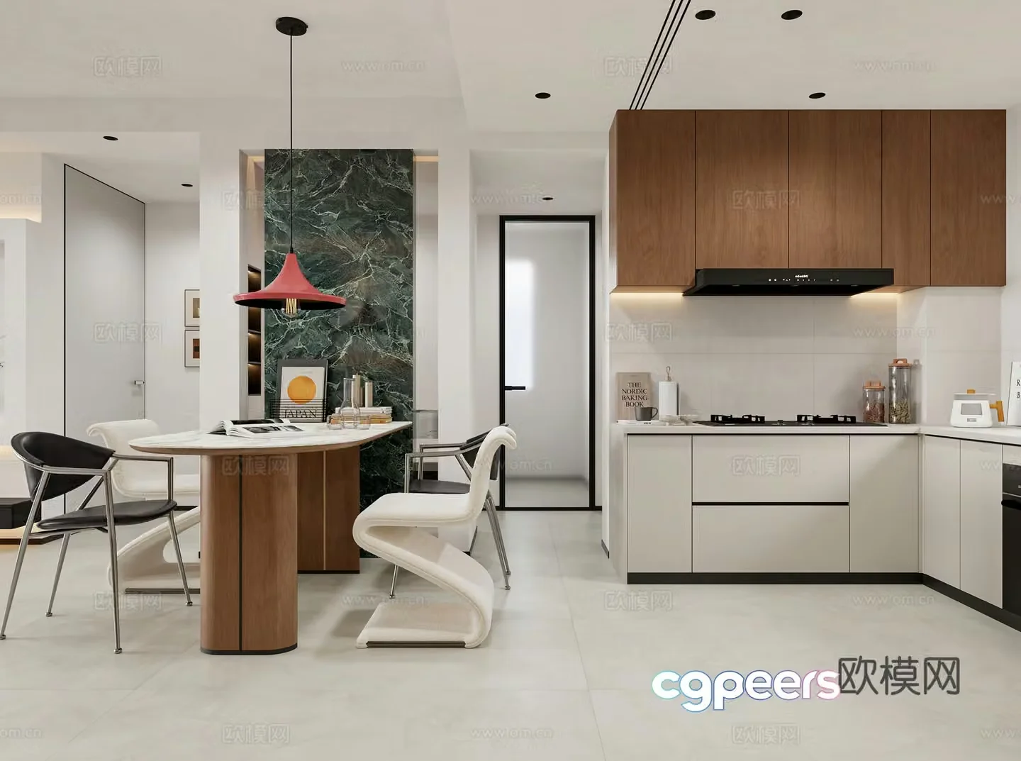 Modern restaurant Open kitchen Western kitchen Dining table Light luxury restaurant Simple chandelier Apartment 3d model