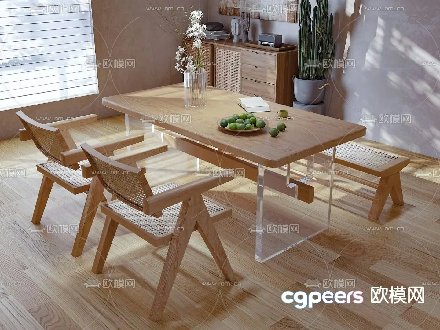 Japanese dining table and chairs log dining table 3d model
