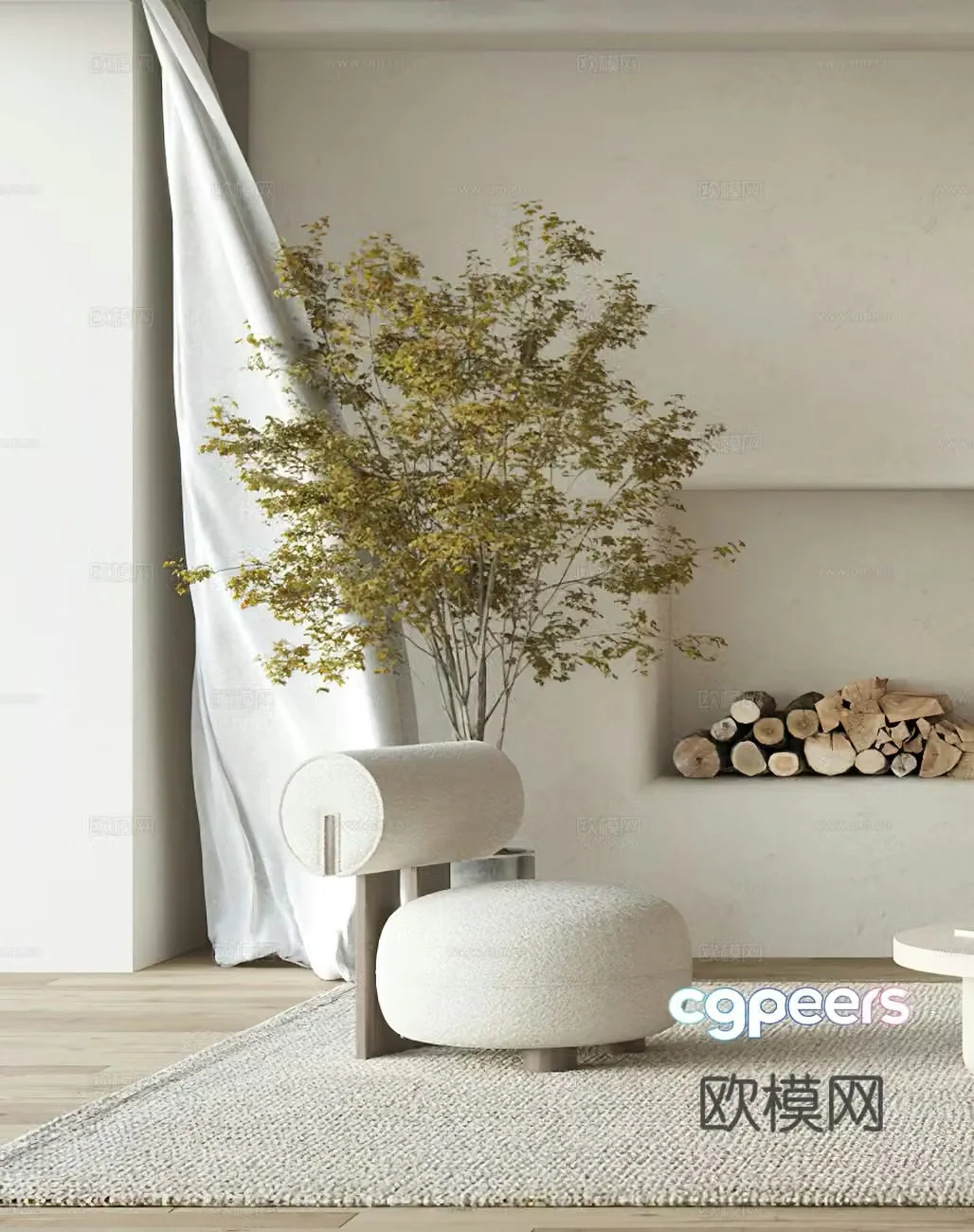 Creamy style leisure chair wavy leisure chair simple modern leisure chair firewood potted plant side table 3D model