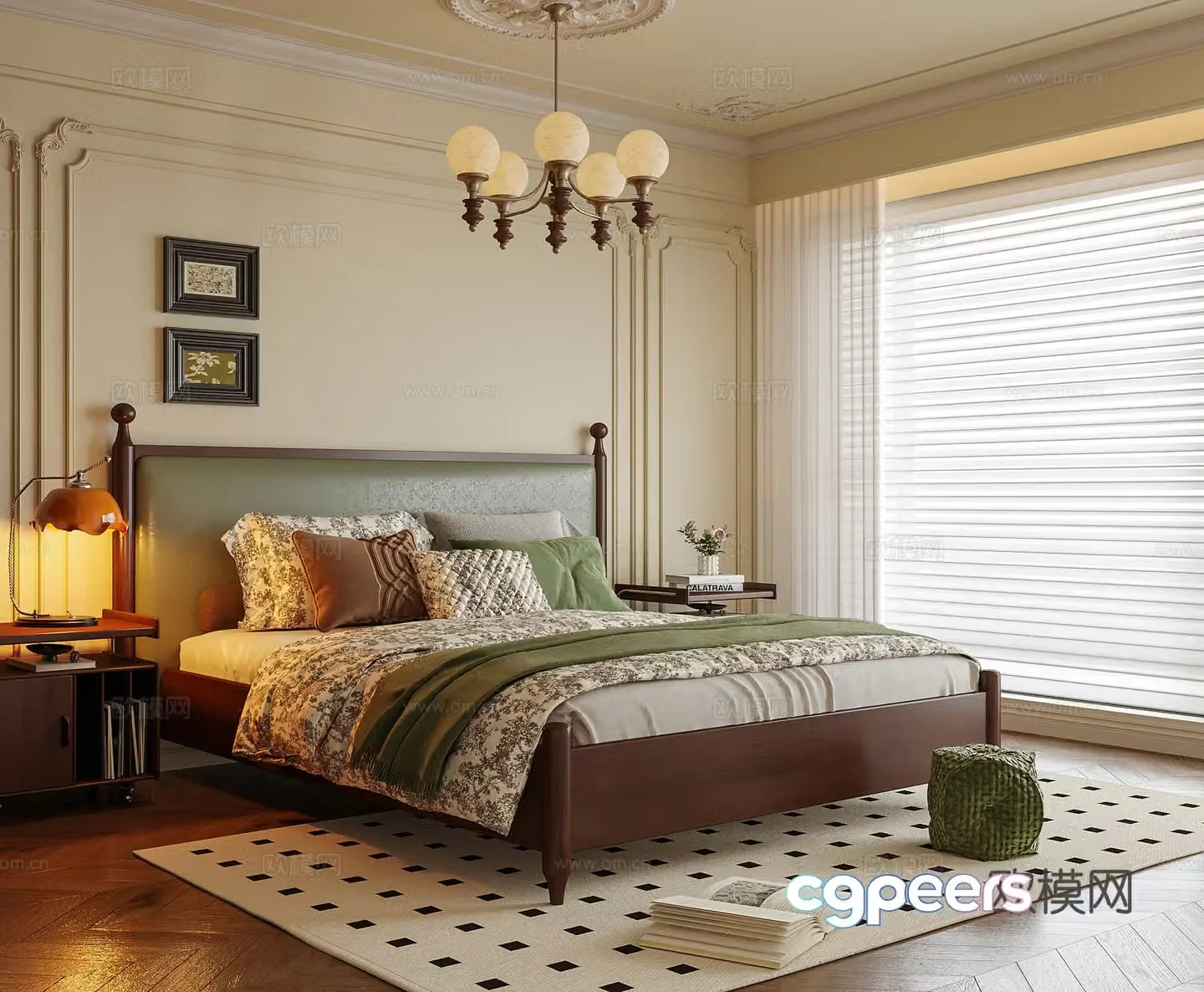 French bedroom double bed nightstand bedroom chandeliers 3d model